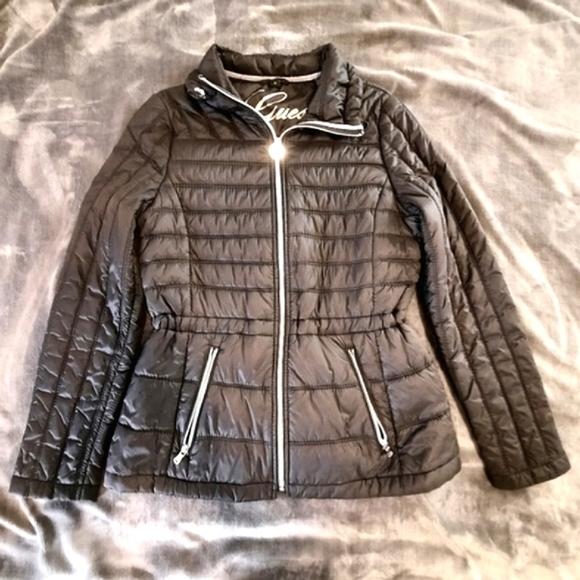 Guess Jackets \u0026 Coats | 3$15 Guess Cinched Waist Thin Black Puffer Jacket Size Medium | Color: Black/Silver | Size: M | Katieb6386's Closet